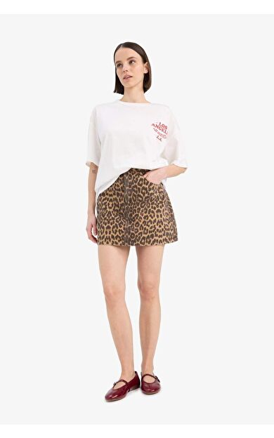 DeFacto Coool Leopar Desenli Normal Bel Gabardin Mini Etek