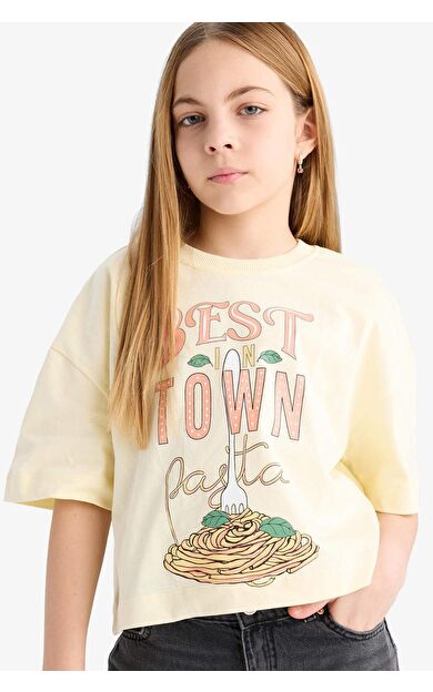 DeFacto Kız Çocuk Boxy Fit Bisiklet Yaka Slogan Baskılı Kısa Kollu Tişört E4405A825SMYL509