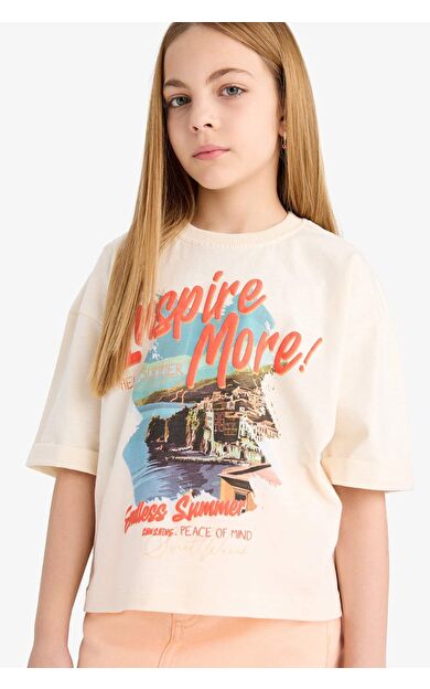 DeFacto Kız Çocuk Oversize Geniş Kalıp Bisiklet Yaka Slogan Baskılı Kısa Kollu Tişört E4406A825SMER233