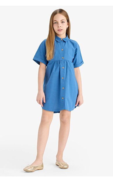 Kız Çocuk Gömlek Yaka Pamuklu Kısa Kollu Elbise