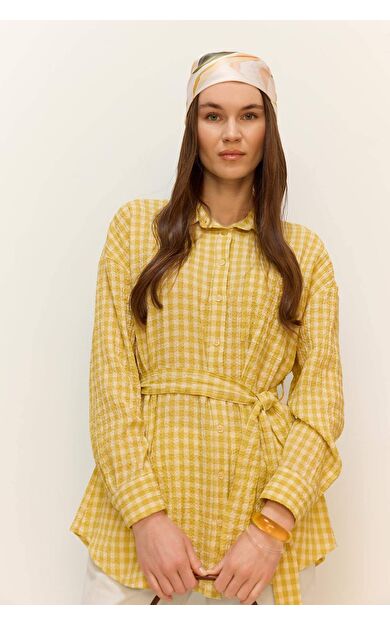 Relax Fit Pötikareli Gofre Dokulu Kuşaklı Uzun Kollu Gömlek Tunik