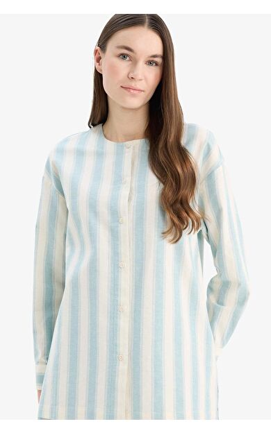 DeFacto Relax Fit Çizgili Keten Uzun Kollu Gömlek