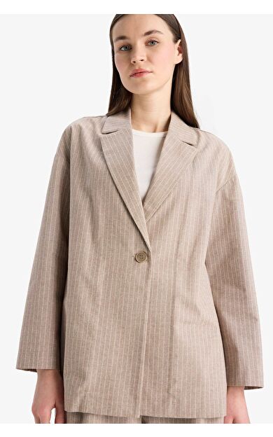 DeFacto Relax Fit Ceket Yaka Çizgi Desenli Keten Blazer Ceket