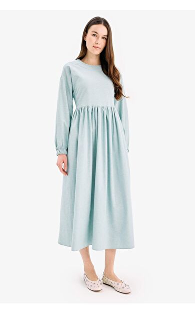 Bisiklet Yaka Keten Karışımlı Uzun Kollu Maxi Elbise