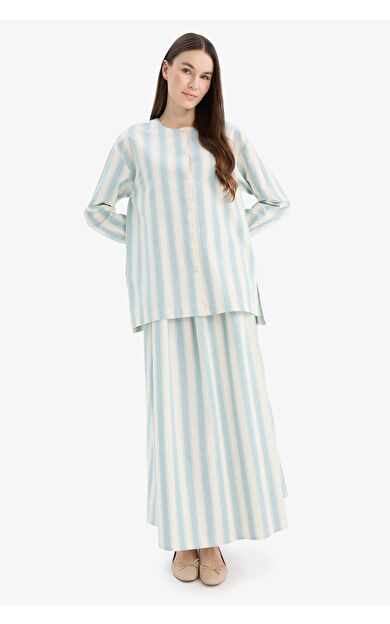 A Kesim Çizgili Keten Karışımlı Maxi Etek