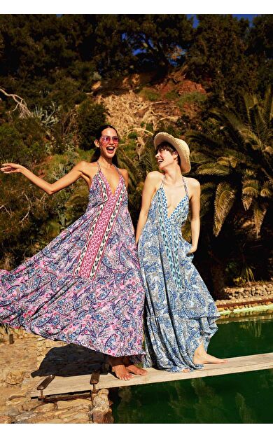 Regular Fit Etnik Desenli Boyundan Bağlamalı Maxi Plaj Elbisesi-Fall in Love E4581AX25SMBE114