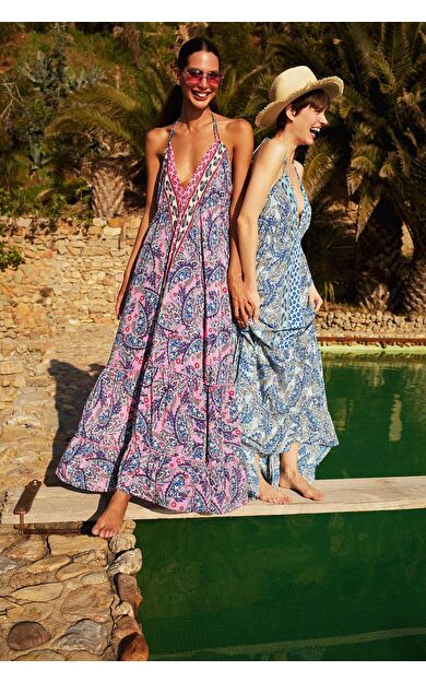 DeFacto Regular Fit Etnik Desenli Boyundan Bağlamalı Maxi Plaj Elbisesi-Fall in Love E4581AX25SMPN463