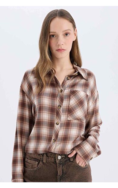 Coool Oversize Geniş Kalıp Kareli Cepli Uzun Kollu Gömlek