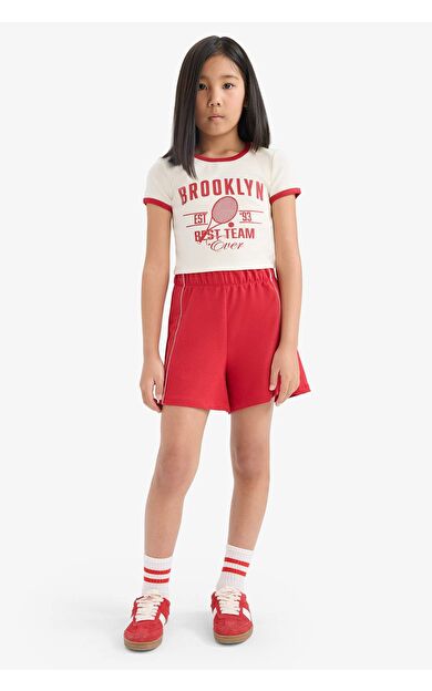 DeFacto Kız Çocuk 2'li Takım Fitilli Kaşkorse Baskılı Kısa Kollu Tişört Beli Lastikli Şort E4756A825HSER140