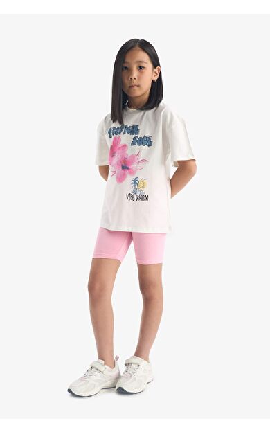 DeFacto Kız Çocuk 2'li Takım Baskılı Kısa Kollu Tişört Biker Tayt E4757A825SMER140