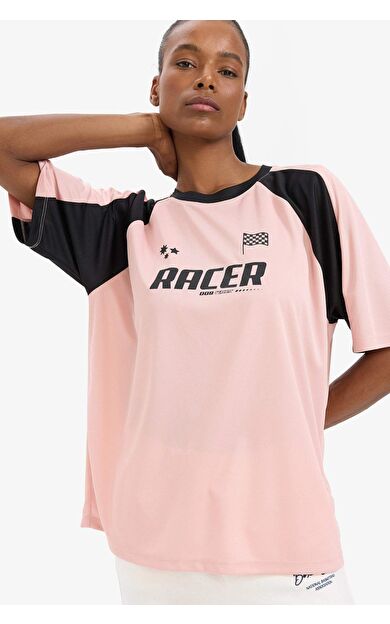 DeFactoFit Boxy Fit Bisiklet Yaka Slogan Baskılı Sporcu Kısa Kollu Tişört