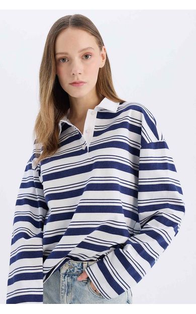 DeFacto Coool Loose Fit Polo Yaka Çizgili Uzun Kollu Tişört