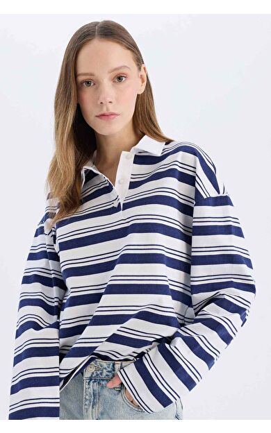 Coool Loose Fit Polo Yaka Çizgili Uzun Kollu Tişört