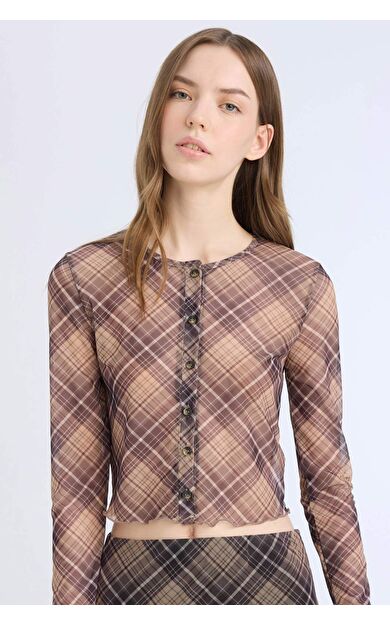 DeFacto Fitted Bisiklet Yaka Desenli Düğmeli Tül Uzun Kollu Tişört