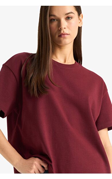 DeFacto Oversize Geniş Kalıp Bisiklet Yaka Basic Düz Bordo Kısa Kollu Tişört