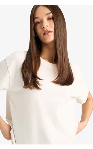 DeFacto Oversize Geniş Kalıp Bisiklet Yaka Basic Düz Beyaz Kısa Kollu Tişört