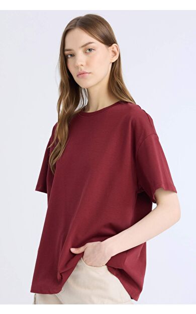 DeFacto Oversize Geniş Kalıp Bisiklet Yaka Basic Düz Kalın Kumaş Kısa Kollu Tişört