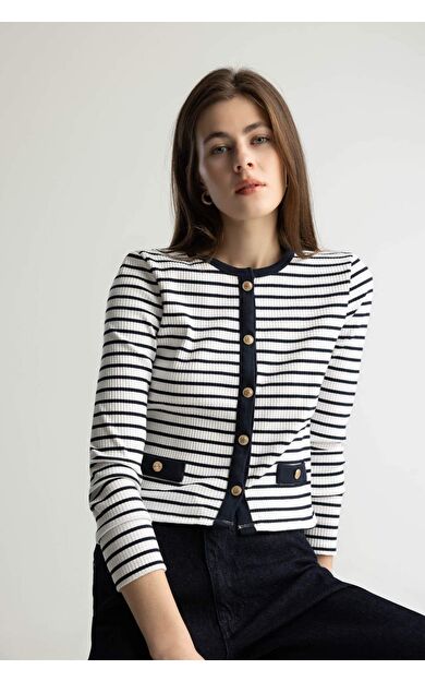 DeFacto Slim Fit Dar Kesim Bisiklet Yaka Çizgili Uzun Kollu Hırka