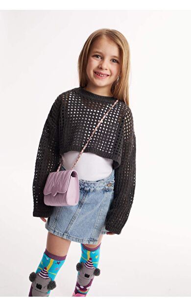 DeFacto Kız Çocuk Crop Bisiklet Yaka Ajurlu Kazak