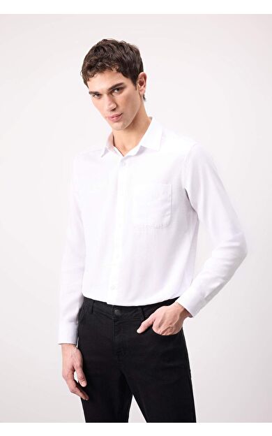 DeFacto Modern Fit Polo Yaka Basic Düz Uzun Kollu Gömlek E5045AX25SMWT34