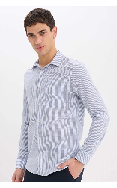 DeFacto Modern Fit Polo Yaka Çizgili Uzun Kollu Gömlek E5046AX25SMBE281