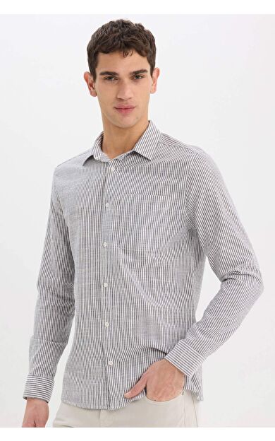 DeFacto Modern Fit Polo Yaka Çizgili Uzun Kollu Gömlek E5046AX25SMBK81