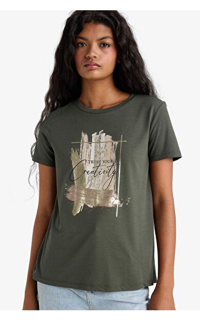 Relax Fit Bisiklet Yaka Baskılı Kısa Kollu Tişört