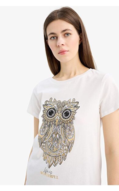 DeFacto Regular Fit Bisiklet Yaka Baykuş Desenli Penye Kısa Kollu Tişört E5064AX25SPER105