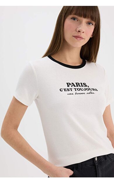 DeFacto Regular Fit Bisiklet Yaka Baskılı Casual Ribana Kısa Kollu Tişört