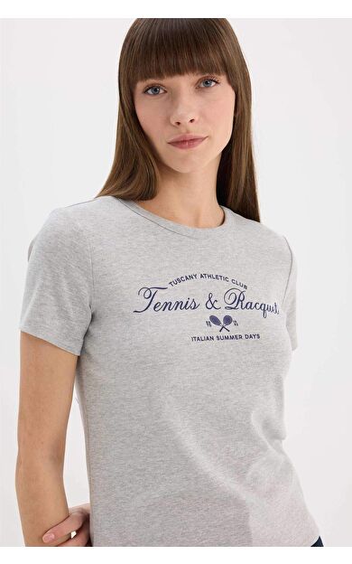 DeFacto Regular Fit Bisiklet Yaka Slogan Baskılı Casual Ribana Kısa Kollu Tişört