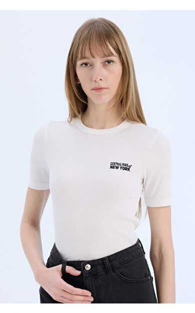 DeFacto Slim Fit Dar Kesim Bisiklet Yaka Baskılı Casual Fitilli Kaşkorse Kısa Kollu Tişört E5068AX25SPER105