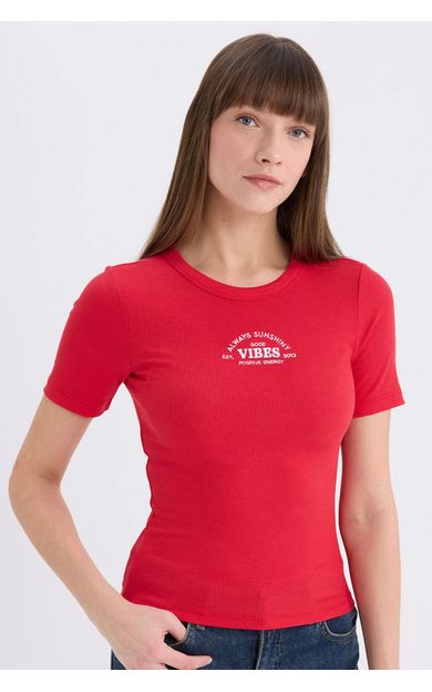 DeFacto Fitted Bisiklet Yaka Baskılı Casual Fitilli Kaşkorse Kısa Kollu Tişört