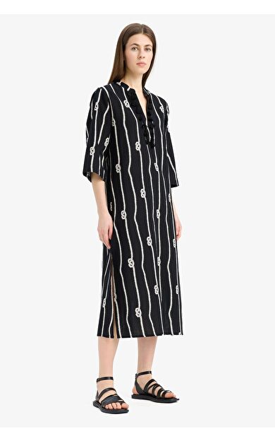 DeFacto Regular Fit Desenli Pamuklu Midi Plaj Elbisesi-Fall in Love E5099AX25SPBK27