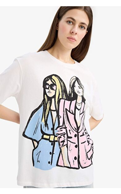 DeFacto Regular Fit Bisiklet Yaka Kız Baskılı Penye Kısa Kollu Tişört E5142AX25SMER105