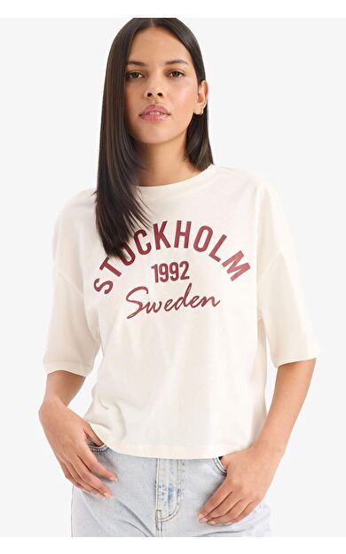 DeFacto Oversize Geniş Kalıp Bisiklet Yaka Baskılı Penye Kısa Kollu Tişört E5148AX25SMER105