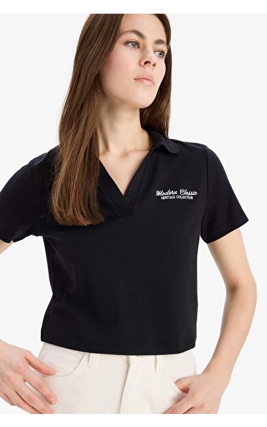 DeFacto Slim Fit Dar Kesim Polo Yaka Nakış Baskı Baskılı Modal Kısa Kollu Tişört