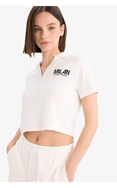 DeFacto Fitted Polo Yaka Nakış Baskı Baskılı Modal Kısa Kollu Tişört