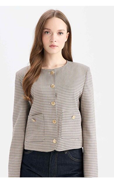 Bisiklet Yaka Geometrik Desenli Blazer Ceket