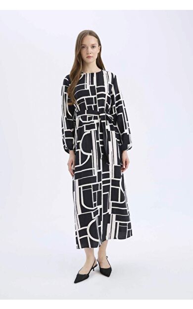 Regular Fit Bisiklet Yaka Baskılı Uzun Kollu Elbise