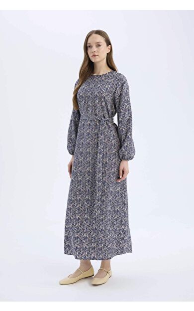 Regular Fit Bisiklet Yaka Baskılı Uzun Kollu Elbise
