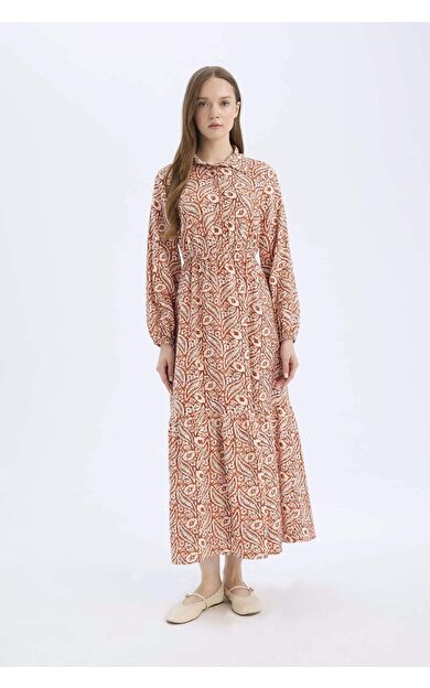 Gömlek Yaka Desenli Uzun Kollu Maxi Elbise