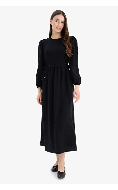 Regular Fit Bisiklet Yaka Basic DÜz Aerobin Uzun Kollu Maxi Elbise