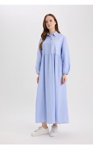 DeFacto Relax Fit Gömlek Yaka Desenli Poplin Uzun Kollu Mxi Elbise