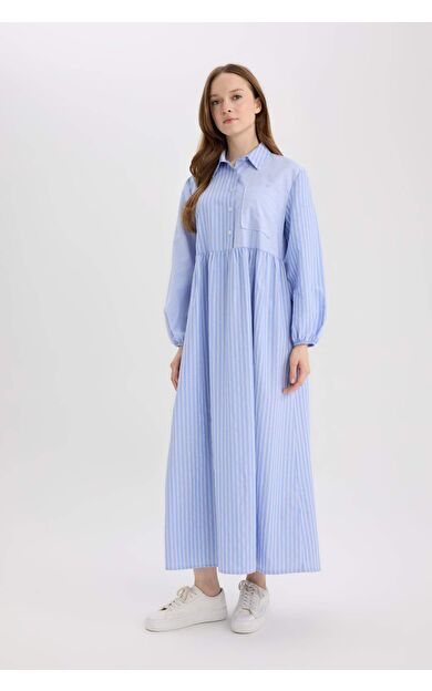 Relax Fit Gömlek Yaka Desenli Poplin Uzun Kollu Mxi Elbise