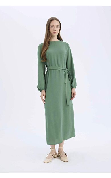 Regular Fit Bisiklet Yaka Aerobin Uzun Kollu Elbise Midi