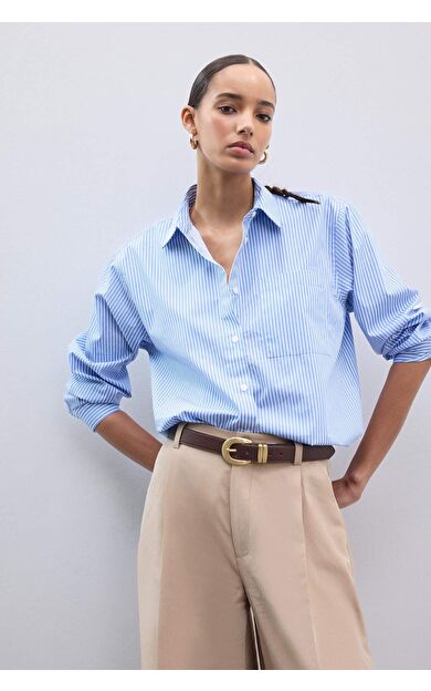 Coool Oversize Geniş Kalıp Çizgili Poplin Uzun Kollu Gömlek