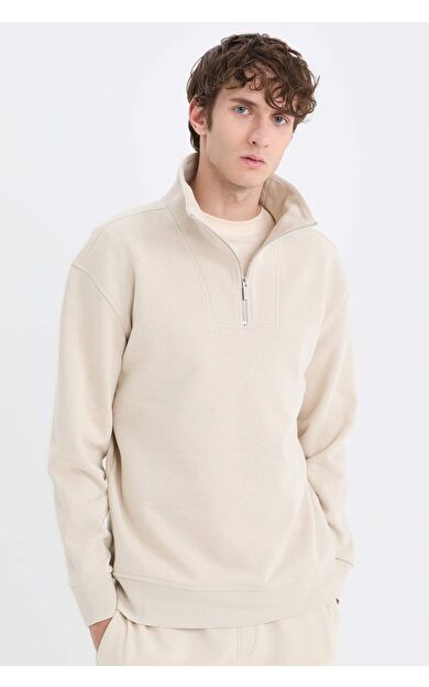 DeFacto Relax Fit Dik Yaka Fermuarlı Basic Düz Kalın Sweatshirt E5332AX24WNBG786