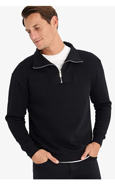 DeFacto Relax Fit Dik Yaka Fermuarlı Basic Düz Kalın Sweatshirt E5332AX24WNBK81