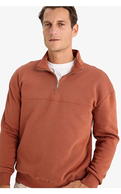 DeFacto Relax Fit Dik Yaka Fermuarlı Basic Düz Kalın Sweatshirt E5334AX24WNBN52