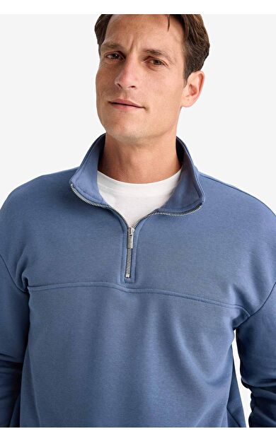 DeFacto Relax Fit Dik Yaka Fermuarlı Basic Düz Kalın Sweatshirt E5334AX24WNIN247